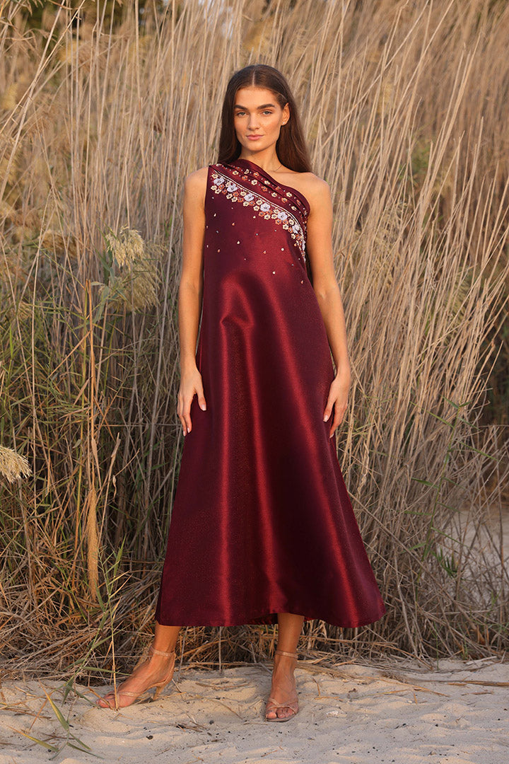 Burgundy One Shoulder Dress With Hand Embroidery Sleeves Dananeer Designs Burgundy One Shoulder Dress With Hand Embroidery Sleeves Dananeer Designs