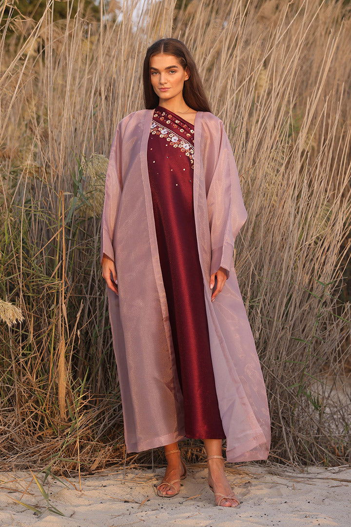 Burgundy One Shoulder Dress With Hand Embroidery Sleeves Dananeer Designs Burgundy One Shoulder Dress With Hand Embroidery Sleeves Dananeer Designs