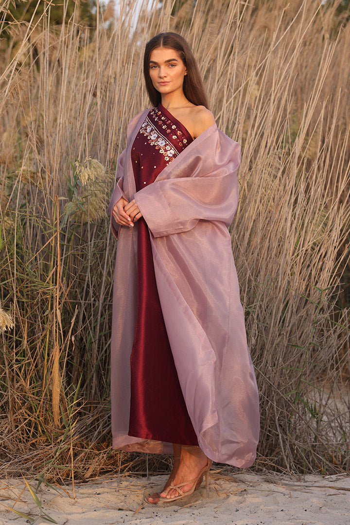 Burgundy One Shoulder Dress With Hand Embroidery Sleeves Dananeer Designs Burgundy One Shoulder Dress With Hand Embroidery Sleeves Dananeer Designs