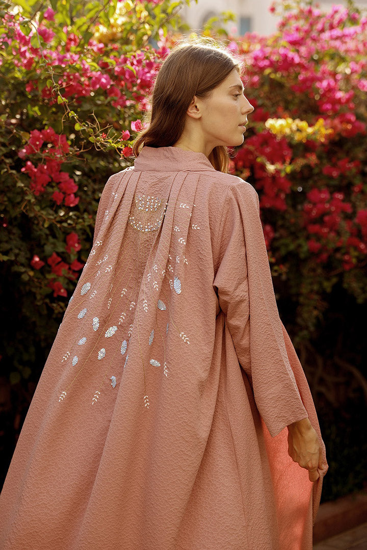 Blush pink abaya with embroidered beaded back detail & Dress