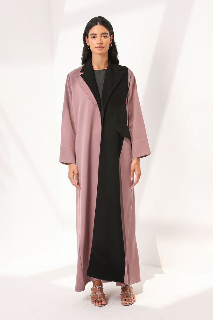 Dusty Pink Abaya With Black Collar Detail