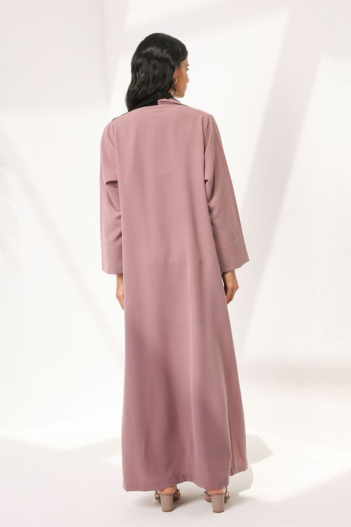 Dusty Pink Abaya With Black Collar Detail
