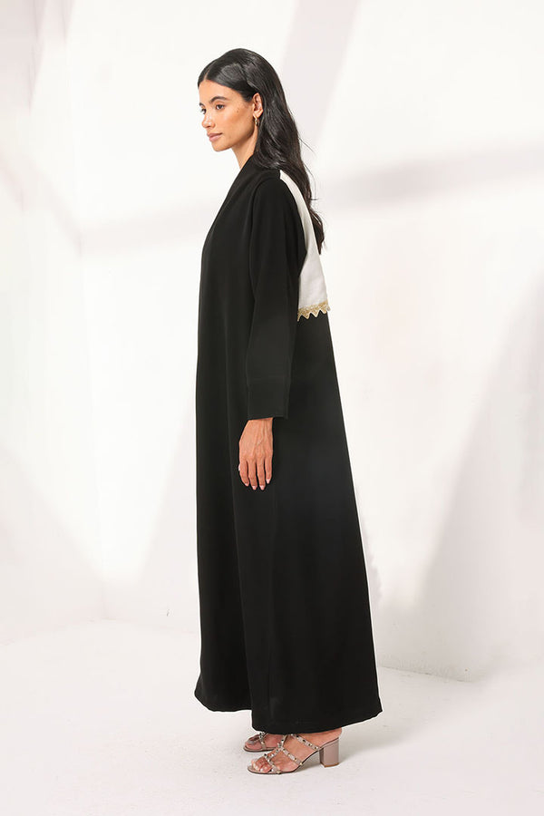 Plain Black Abaya On The Front , Detailed Back