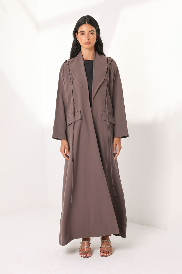 Brown Abaya With Detailed Front , With Simple Bow