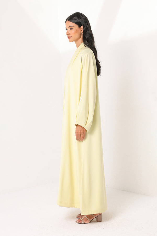 Plain Pastel Yellow Abaya With Puff Sleeves