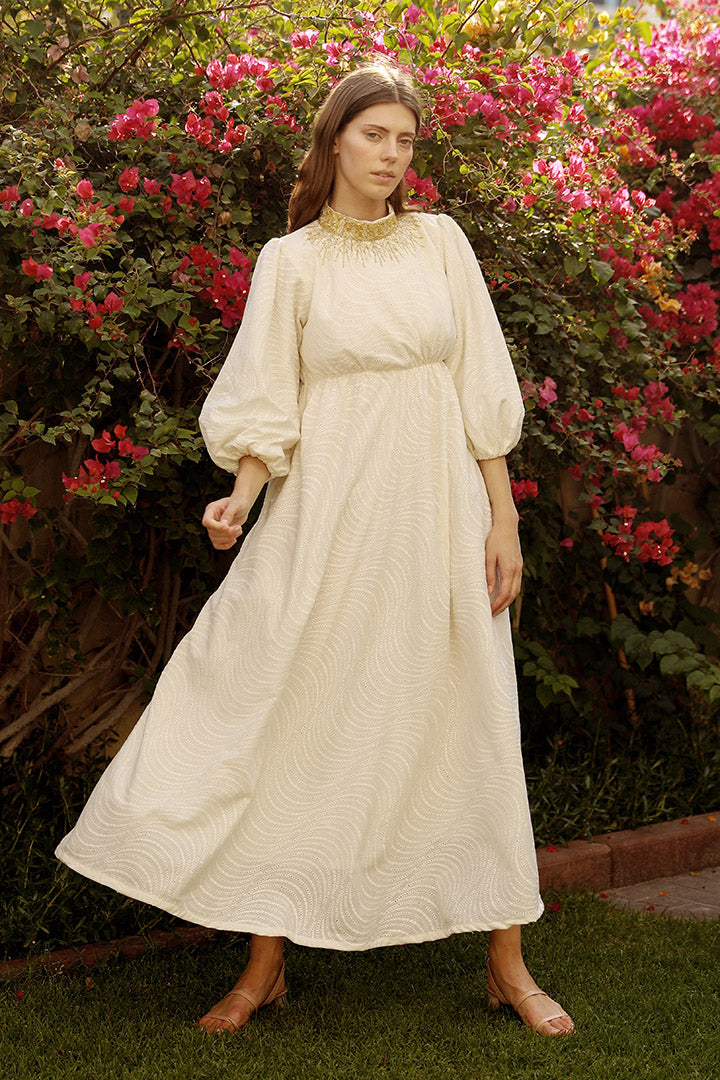 Long Sleeve Dress with High Neck Embroidery