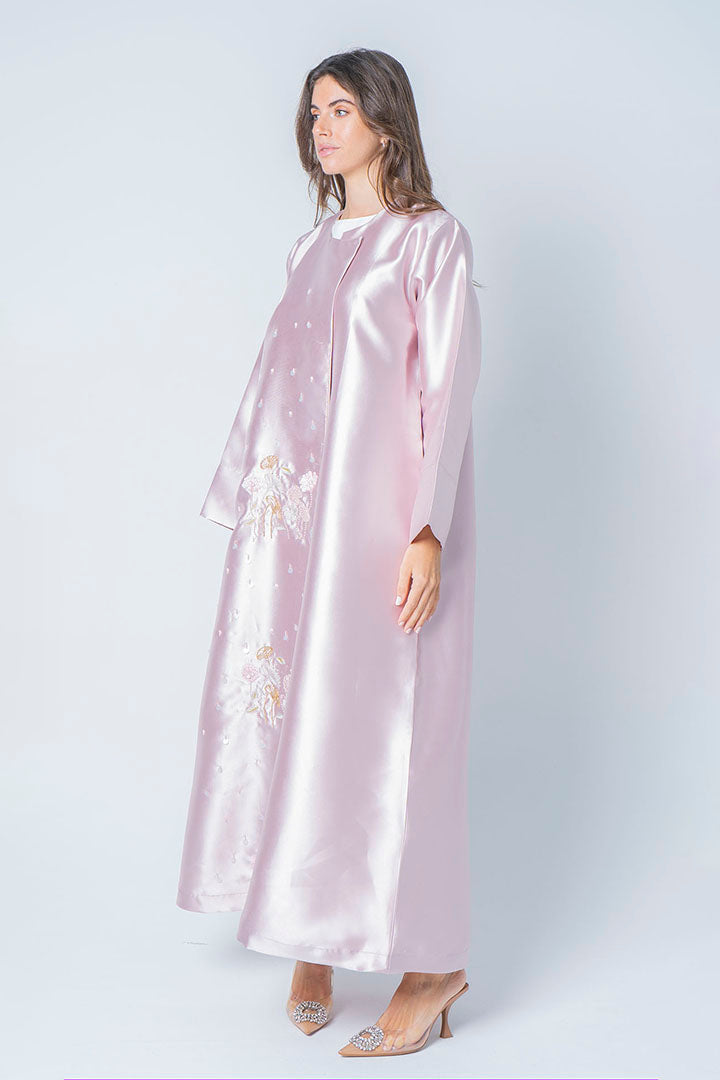 Pink abaya with front embroidery