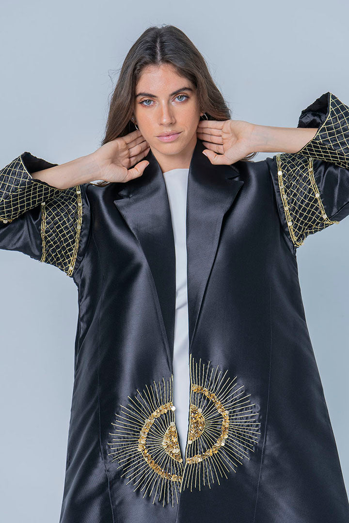 Black abaya with gold detailed embroidery on the front and sleeves