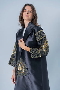 Black abaya with gold detailed embroidery on the front and sleeves