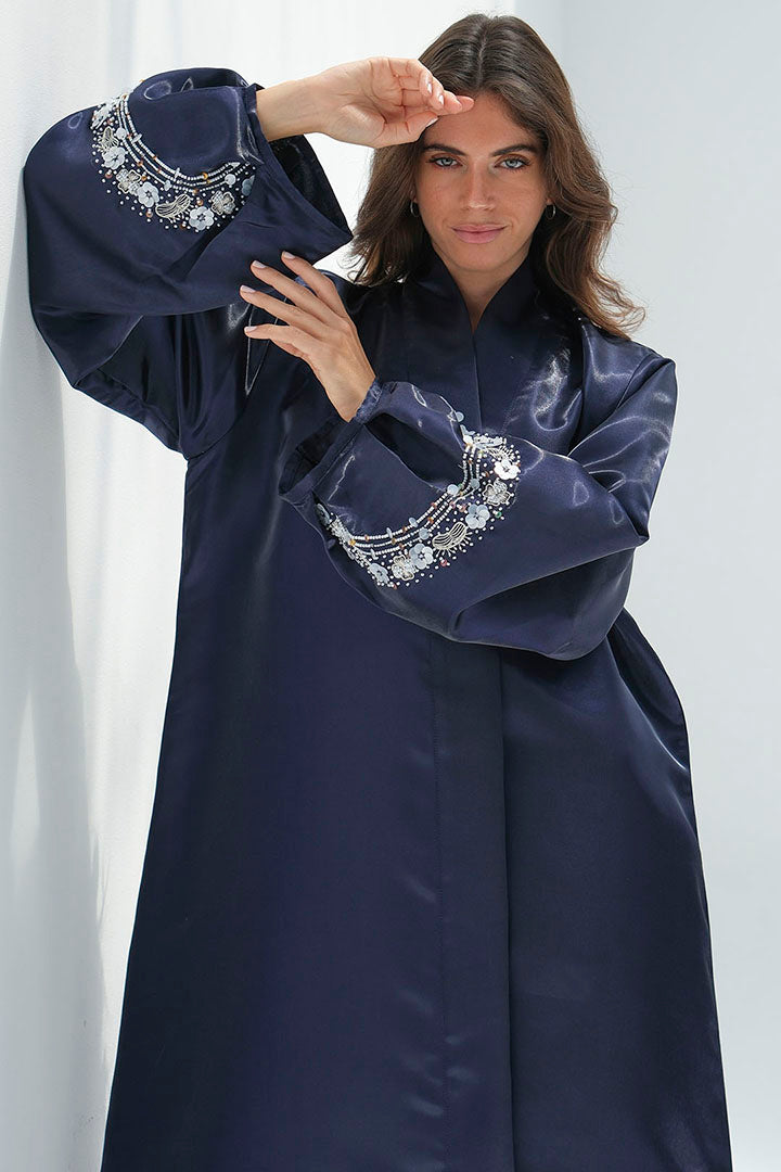 Navy abaya with puff sleeves embroidery