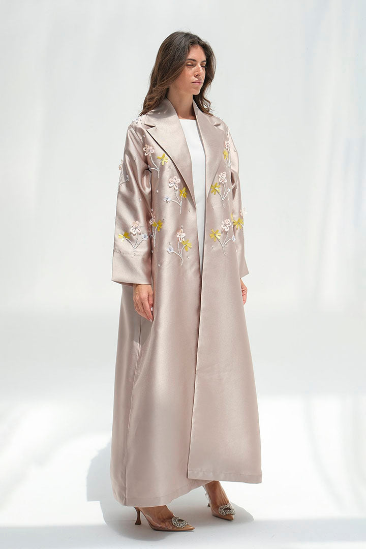 Floral beige abaya with collar