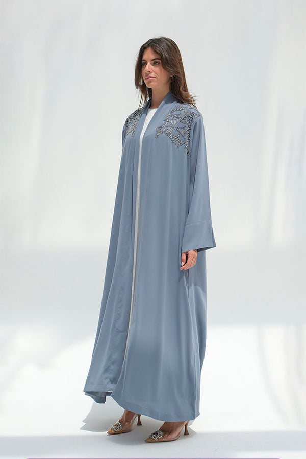 Dusty blue abaya with shoulder embroidery