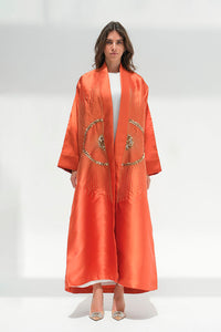 Bright orange abaya with gold embroidery