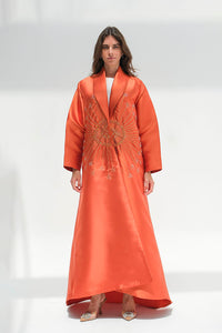 Bright orange abaya with gold embroidery