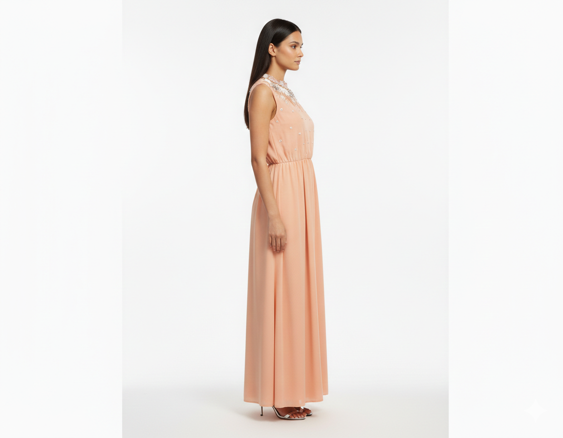 Light Orange Front beaded Embroidery high neck Dress