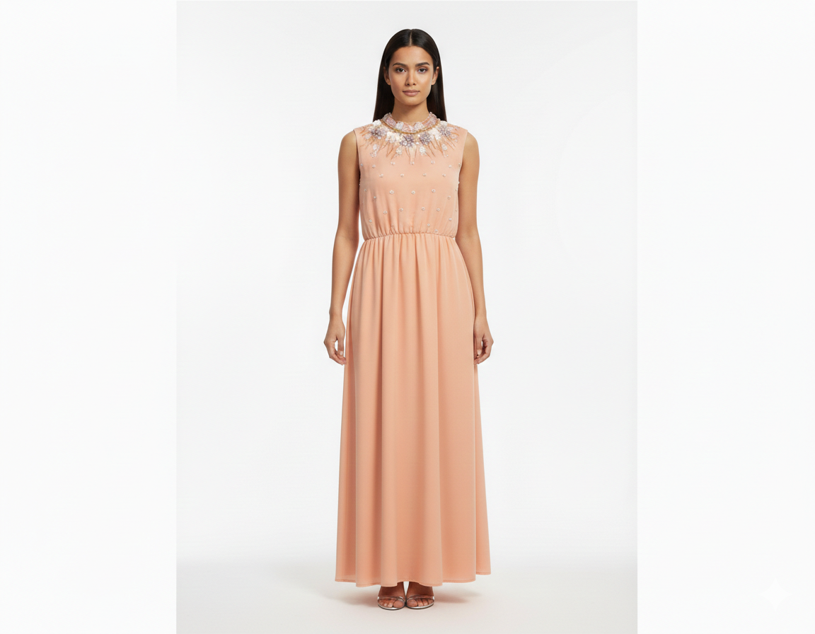 Light Orange Front beaded Embroidery high neck Dress