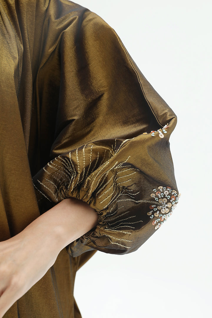 Metallic Brown With Embroidered Puff Sleeves