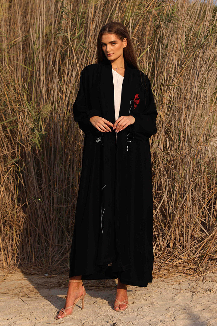 Buff Sleeves Abaya with Front Floral Embroidery