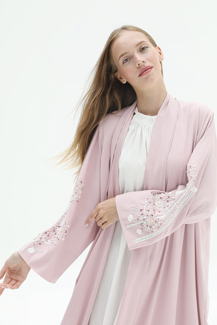 Open Sleeve Abaya With Mint And Pink Embroidery