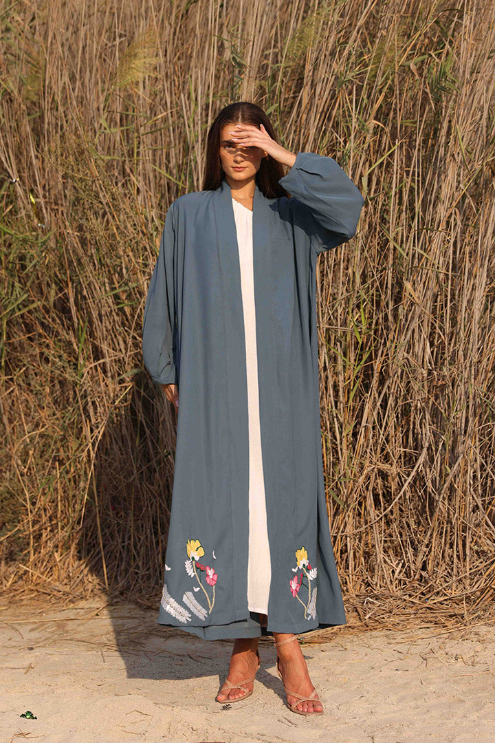 Buff Sleeves Abaya with Floral Embroidery on The Button