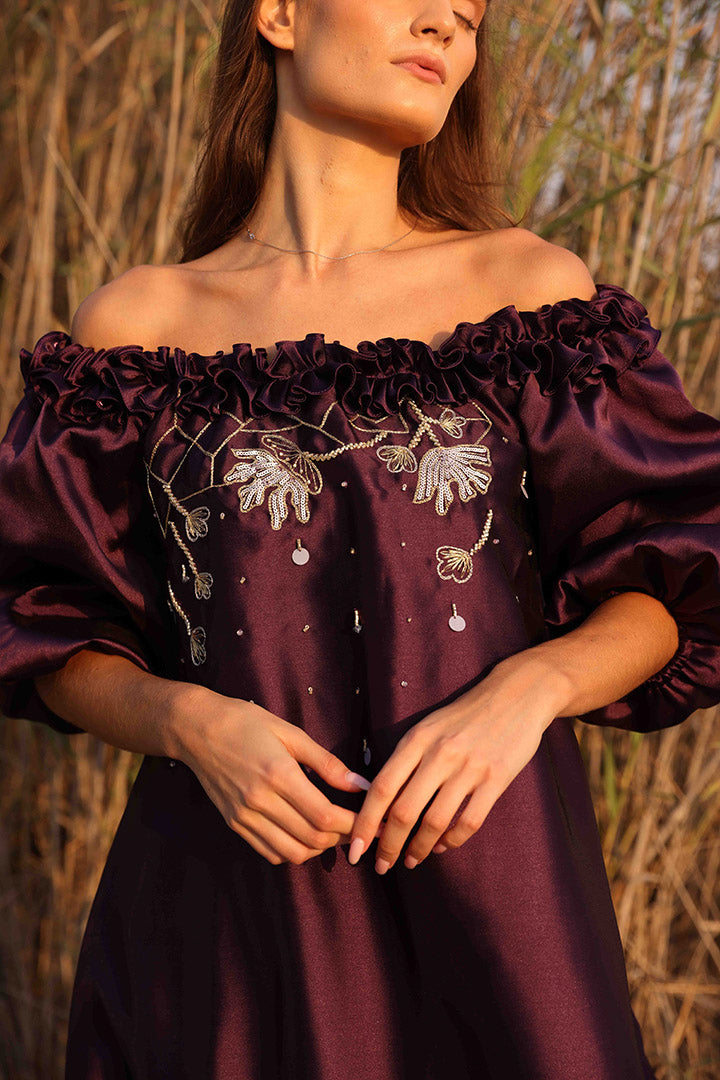Off The Shoulder Dress With Front Gold Hand Embroidery