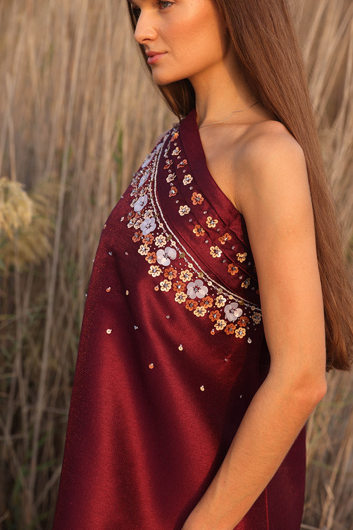 One Shoulder Dress With Hand Embroidery Sleeves