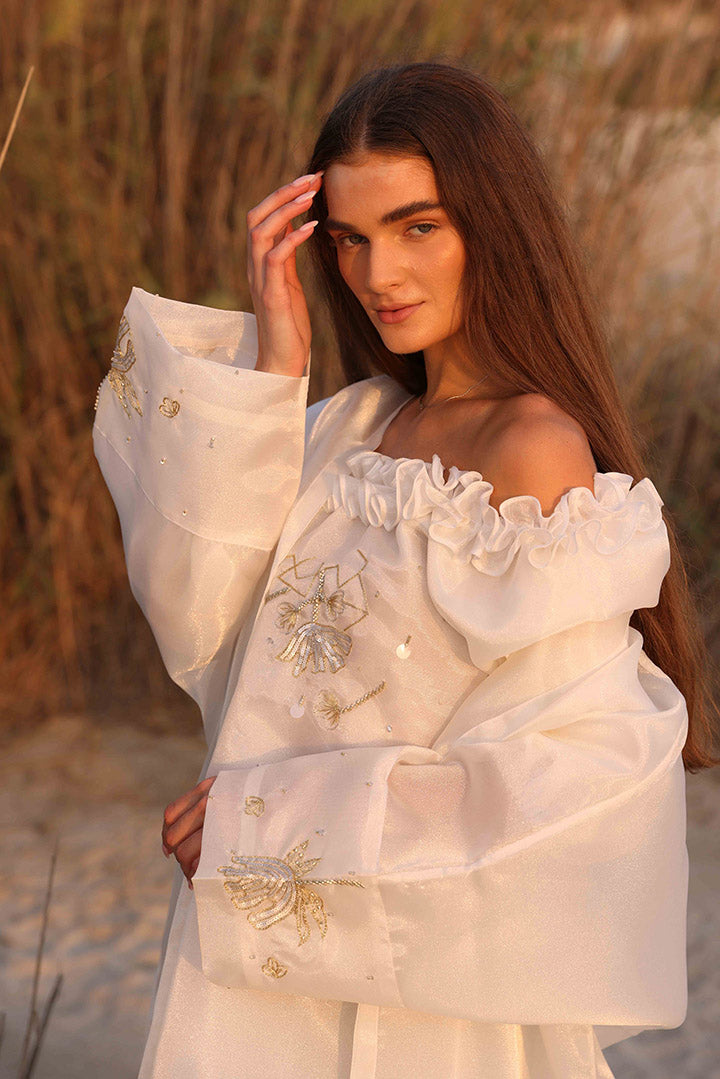 Off The Shoulder Long Sleeve Dress With Gold Embroidery + Bisht