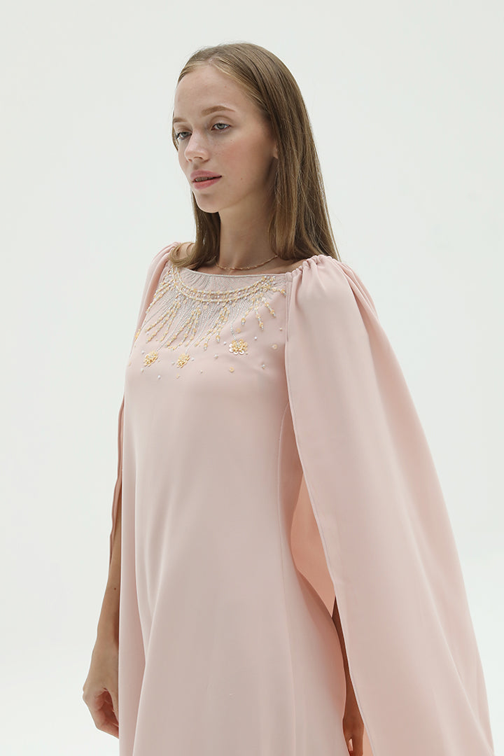 Off The Shoulder Long Sleeve Dress With Gold Embroidery