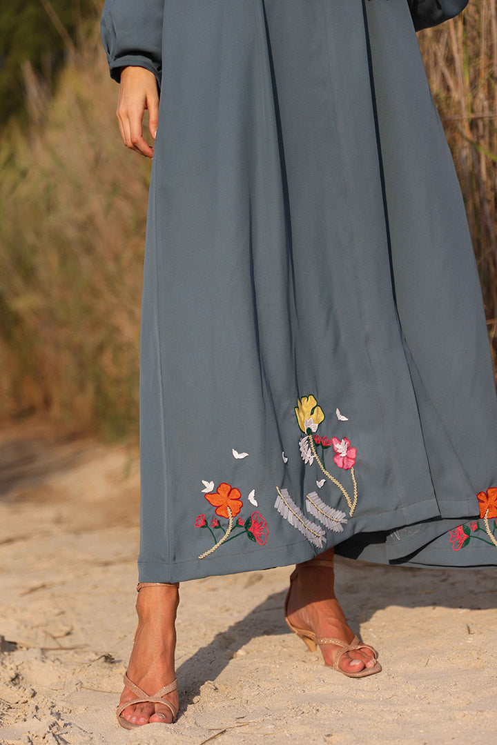 Buff Sleeves Abaya with Floral Embroidery on The Button