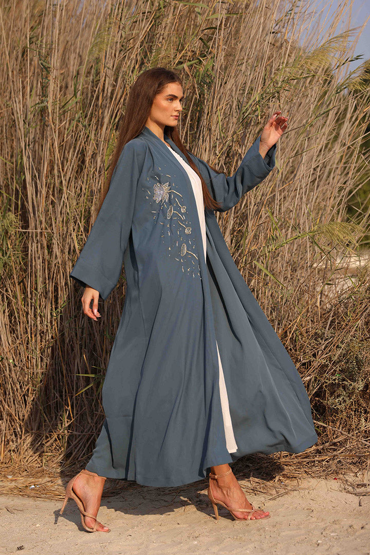 Abaya with Hand Floral Embroidered All Over
